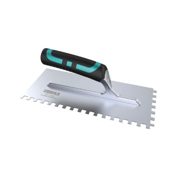 Trowel with a soft-grip black and blue handle.