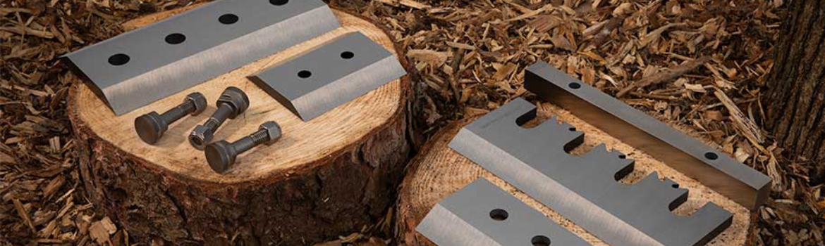 Wood chipper blades on top of tree stumps 