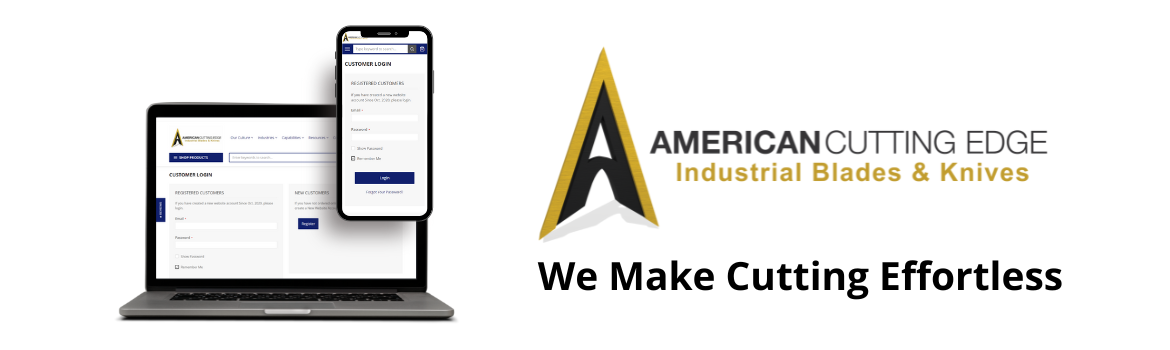 AmericanCuttingEdge.com on a laptop and a cellphone with the text "We Make Cutting Effortless"