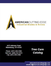 Tree care graphic showing product information for wood chipper blades and more